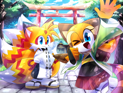 Size: 1400x1050 | Tagged: safe, artist:y-firestar, marine the raccoon, miles "tails" prower, raccoon, 2018, abstract background, daytime, duo, female, kimono, kitsune, looking at viewer, male, mouth open, outdoors, smile, standing, tree, waving, wink