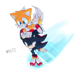 Size: 800x800 | Tagged: safe, artist:mas2a, miles "tails" prower, shadow the hedgehog, 2014, abstract background, carrying them, duo, duo male, flying, holding hands, japanese text, looking ahead, looking at them, male, males only, mouth open, smile