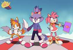 Size: 2900x2000 | Tagged: safe, artist:kitarehamakura, amy rose, blaze the cat, miles "tails" prower, sonic heroes, 2021, abstract background, alternate universe, boots, clenched fists, egg fleet, female, frown, goggles on head, holding something, looking at them, looking at viewer, looking up, male, piko piko hammer, pink shoes, redesign, scene interpretation, smile, standing, trio, wispon