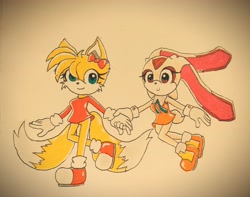 Size: 3804x2992 | Tagged: safe, artist:starshiney-chan, cream the rabbit, oc, oc:kitty prower, fox, rabbit, bottomless, child, creamabetes, cute, duo, duo female, eyelashes, female, females only, hair over one eye, holding hands, looking at viewer, smile, sweater, traditional media, walking