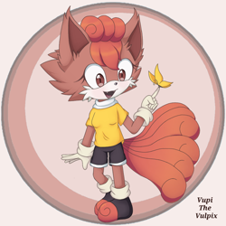 Size: 1000x1000 | Tagged: safe, artist:starshiney-chan, oc, oc:vupi the vulpix, fox, abstract background, blushing, butterfly, character name, crossover, cute, english text, eyelashes, fangs, female, gloves, literal animal, looking at something, mobianified, mouth open, oc only, pokemon, shirt, shoes, shorts, smile, socks, solo, solo female, standing, vulpix