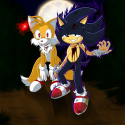 Size: 1800x1800 | Tagged: semi-grimdark, artist:whiteraven4, miles "tails" prower, sonic the hedgehog, tails doll, 2009, abstract background, blood, clenched teeth, cosplay, costume, creepy, dark form, dark sonic, duo, duo male, halloween, lidded eyes, male, males only, moon, nighttime, outdoors, smile, standing, torn gloves