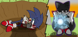 Size: 1600x756 | Tagged: semi-grimdark, artist:friednoodles2, miles "tails" prower, sonic the hedgehog, comic:a broken bond, abstract background, bleeding from mouth, blood, comic, crying, dark form, dark tails, duo, duo male, electricity, injured, lidded eyes, lying on side, male, males only, outdoors, shadow (lighting), smile, standing, sunset, tears, tears of pain, this will end in injury and/or death, torn gloves