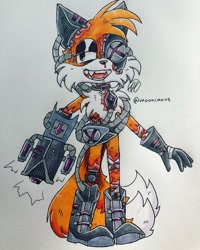 Size: 819x1024 | Tagged: semi-grimdark, artist:juno/dire, miles "tails" prower, 2020, bleeding, blood, cyborg, grey background, looking offscreen, male, mouth open, nosebleed, one fang, partially roboticized, signature, simple background, smile, solo, solo male, sonic lost world, traditional media