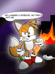Size: 720x960 | Tagged: semi-grimdark, artist:taystudio, miles "tails" prower, sonic the hedgehog, abstract background, clenched teeth, dialogue, duo, duo male, english text, fire, holding something, implied murder, looking at viewer, male, males only, meme, miles electric, smile, solo focus, standing, teen titans