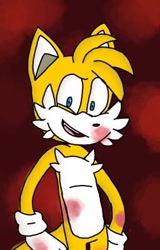 Size: 256x400 | Tagged: semi-grimdark, artist:dank_doodler, miles "tails" prower, abstract background, blood, blood stain, eye twitch, fanfiction art, implied murder, looking at viewer, male, mouth open, shrunken pupils, smile, solo, solo male, standing