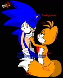 Size: 1280x1581 | Tagged: safe, artist:maylovesakidah, miles "tails" prower, sonic the hedgehog, sonic forces, black background, crying, dialogue, duo, duo male, english text, eyes closed, glitch, hands on another's face, lidded eyes, logo, looking at them, male, males only, phantom ruby, sad, simple background, smile, standing, tears, tears of sadness, watermark