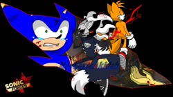 Size: 1024x576 | Tagged: semi-grimdark, artist:maylovesakidah, infinite the jackal, miles "tails" prower, sonic the hedgehog, sonic forces, abstract background, bleeding, blood, crying, death, eyes closed, flying, impaled, injured, logo, looking offscreen, male, males only, scene interpretation, scratch (injury), shrunken pupils, tears, tears of sadness, trio, trio male