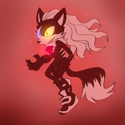 Size: 2048x2048 | Tagged: safe, artist:cartoonistpng, infinite the jackal, clenched teeth, flying, glitch, glowing eyes, gradient background, looking offscreen, male, mid-air, neck fluff, phantom ruby, shrunken pupils, smile, solo, solo male