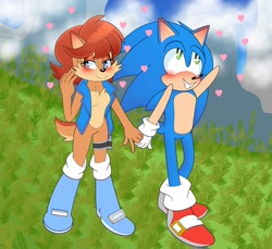 Size: 2048x1877 | Tagged: safe, artist:garabak0, sally acorn, sonic the hedgehog, abstract background, blushing, duo, heart, holding hands, shipping, sonally, straight