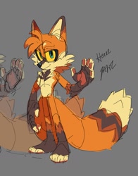 Size: 1063x1357 | Tagged: safe, artist:indigobeatss, miles "tails" prower, 2021, aged up, grey background, looking at viewer, male, older, pawpads, signature, simple background, sketch, smile, solo, solo male, standing, teenager, yellow sclera