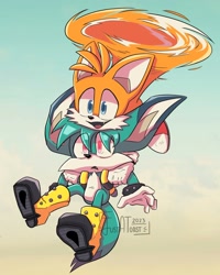 Size: 1440x1800 | Tagged: safe, artist:justatoast, kit the fennec, miles "tails" prower, abstract background, carrying them, duo, duo male, eyes clipping through hair, flying, frown, holding them, looking ahead, male, males only, one fang, signature, smile, spinning tails