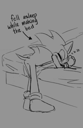 Size: 1332x2048 | Tagged: safe, artist:berry_inkjam, sonic the hedgehog, 2023, bed, english text, eyes closed, grey background, greyscale, male, monochrome, simple background, sketch, sleeping, solo, solo male, standing, zzz