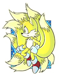 Size: 640x829 | Tagged: safe, artist:no-ear-3107, miles "tails" prower, super tails, abstract background, alternate super form, clenched fists, flying, frown, glowing, kitsune, looking offscreen, male, mid-air, nine tails, outline, solo, solo male, super form