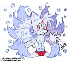 Size: 1400x1225 | Tagged: safe, artist:kirby-popstar, miles "tails" prower, :3, classic tails, face marking, kitsune, looking at viewer, male, nine tails, signature, simple background, smile, solo, solo male, standing, star (symbol), waving, white background, white fur