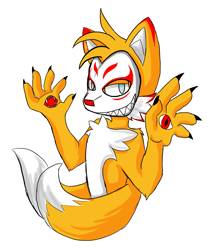Size: 2221x2644 | Tagged: safe, artist:cassthewolf, miles "tails" prower, 2017, arm fluff, bust, claws, clenched teeth, colored ears, gloves off, hand eye, hand mouth, kitsune mask, lidded eyes, looking at viewer, male, personality swap, sharp teeth, shoulder fluff, simple background, smile, solo, solo male, white background