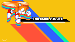 Size: 3766x2092 | Tagged: safe, artist:konkonna, miles "tails" prower, sonic mania, 2016, abstract background, classic tails, english text, flying, looking down, male, mouth open, signature, smile, solo, solo male, spinning tails, traced, wallpaper