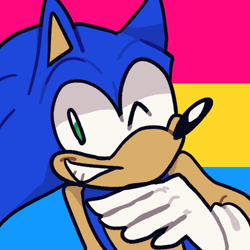 Size: 500x500 | Tagged: safe, artist:shedhogs, sonic the hedgehog, abstract background, icon, looking at viewer, modern sonic, pansexual pride, smile, solo, wink