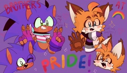 Size: 2048x1191 | Tagged: safe, artist:09emenems2, miles "tails" prower, sonic the hedgehog, 31 days sonic, asexual pride, bisexual pride, blushing, brothers, claws, clenched teeth, double v sign, duo, duo male, english text, eyelashes, fingerless gloves, fluffy, heart, looking at viewer, male, males only, one fang, pawpads, pride, purple background, rainbow, scarf, simple background, smile, star (symbol), trans male, trans pride, transgender, wink