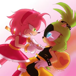 Size: 2000x2000 | Tagged: safe, artist:robojade, amy rose, surge the tenrec, 31 days sonic, blushing, crush, duo, duo female, female, females only, glowing eyes, gradient background, heart eyes, lesbian, looking at each other, mouth open, one fang, piko piko hammer, pointing, shipping, standing, surgamy