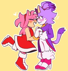 Size: 1947x2048 | Tagged: safe, artist:wonuwu_717, amy rose, blaze the cat, 31 days sonic, amy x blaze, blushing, duo, duo female, eyes closed, female, females only, frown, heart, holding hands, lesbian, mouth open, outline, shipping, simple background, smile, standing, yellow background