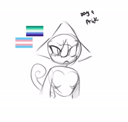 Size: 2048x1947 | Tagged: safe, artist:wonuwu_717, espio the chameleon, 31 days sonic, blushing, bust, english text, frown, gay, looking ahead, male, monochrome, pride flag, simple background, sketch, solo, solo male, standing, top surgery scars, trans male, transgender, white background