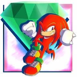 Size: 2048x2048 | Tagged: safe, artist:laziarteest, knuckles the echidna, 31 days sonic, abstract background, clenched fists, clenched teeth, looking offscreen, male, master emerald, mid-air, signature, smile, solo, solo male