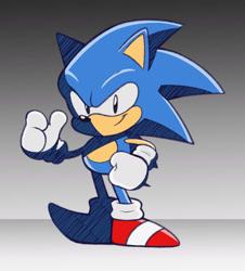 Size: 1280x1419 | Tagged: safe, artist:starampharos, sonic the hedgehog, classic sonic, clenched fist, gradient background, looking at viewer, male, pointing, riders style, smile, solo, solo male, standing