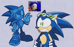 Size: 1714x1090 | Tagged: safe, artist:lumspark, sonic the hedgehog, clenched teeth, faic, grey background, hand on hip, looking offscreen, male, redraw, reference inset, riders style, shrunken pupils, simple background, smile, solo, solo male, sonic riders, standing, sunglasses, surprised, v sign