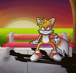 Size: 680x655 | Tagged: artist needed, safe, miles "tails" prower, abstract background, bench, bench tails, evil grin, eye twitch, grass, meme, redraw, sitting, smile, solo, sunset, tree
