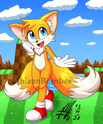 Size: 1000x1201 | Tagged: safe, artist:sailorbomber, miles "tails" prower, green hill zone, 2022, abstract background, chest fluff, clouds, cute, ear fluff, femboy, looking up, mouth open, signature, smile, solo, tailabetes, walking