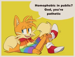 Size: 1623x1249 | Tagged: safe, artist:teirusuki, miles "tails" prower, alone on a friday night, claws, dialogue, english text, gloves off, god you're pathetic, hoodie, lidded eyes, male, meme, mouth open, pride, simple background, smile, smug, solo, solo male, speech bubble, yellow background