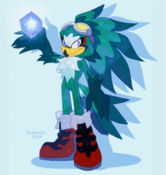 Size: 1280x1351 | Tagged: safe, artist:survivalstep, jet the hawk, 2021, arm fluff, blue background, boots, chest fluff, english text, frown, gloves off, goggles, goggles on head, holding something, key to babylon garden, looking offscreen, male, shadow (lighting), simple background, solo, solo male, standing
