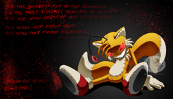 Size: 1395x800 | Tagged: semi-grimdark, artist:slimthrowed, tails doll, 2009, blood, clenched teeth, english text, genderless, glowing eyes, gradient background, red eyes, sharp teeth, sitting, solo