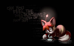 Size: 1280x800 | Tagged: safe, artist:finimun, tails doll, sonic r, 2010, black background, can you feel the sunshine?, genderless, glowing, looking up, simple background, sitting, solo