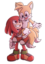 Size: 2200x3100 | Tagged: safe, artist:dragnoodlez, knuckles the echidna, miles "tails" prower, sonic the hedgehog 2 (2022), blushing, carrying them, clenched teeth, duo, duo male, holding them, male, males only, mouth open, redraw, simple background, smile, standing, transparent background