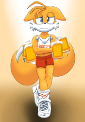 Size: 2598x3714 | Tagged: safe, artist:fox-kai, miles "tails" prower, 2017, drink, floppy ears, frown, gradient background, holding something, hooters outfit, looking at viewer, male, solo, solo male, standing