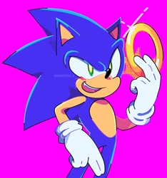 Size: 1726x1847 | Tagged: safe, artist:rocketdo_g, sonic the hedgehog, sonic prime, 2022, blushing, holding something, looking ahead, male, mouth open, one fang, pink background, redraw, ring, simple background, smile, solo, solo male, standing