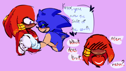 Size: 1920x1080 | Tagged: safe, artist:a-typical-nightowl, knuckles the echidna, sonic the hedgehog, blushing, bust, dialogue, duo, duo male, english text, eyes closed, flirting, gay, hearts, holding hands, knuxonic, male, males only, purple background, shipping, signature, simple background, speech bubble, top surgery scars, trans male, transgender