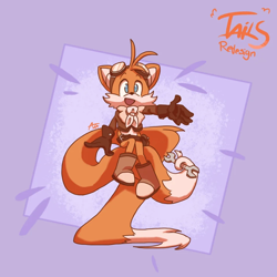 Size: 960x960 | Tagged: safe, artist:andreiaza, miles "tails" prower, abstract background, aviator jacket, belt, boots, brown gloves, character name, english text, goggles, goggles on head, looking ahead, male, mouth open, scarf, signature, sitting, smile, solo, solo male, tail hold, tail stand, wrench