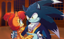 Size: 1142x700 | Tagged: safe, artist:artsriszi, sally acorn, sonic the hedgehog, beauty and the beast, disney, duo, shipping, sonally, sonic the werehog, straight, werehog