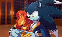 Size: 1142x700 | Tagged: safe, artist:artsriszi, sally acorn, sonic the hedgehog, alternate version, beauty and the beast, disney, duo, shipping, sonally, sonic the werehog, straight, werehog