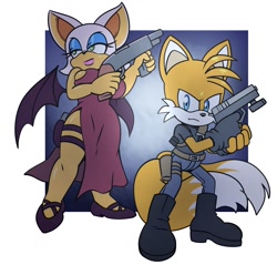 Size: 1644x1571 | Tagged: safe, artist:velveticicle, miles "tails" prower, rouge the bat, abstract background, ada wong, crossover, duo, frown, gun, leon s. kennedy, looking at viewer, looking offscreen, resident evil, standing