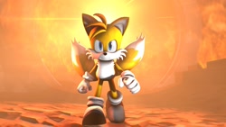 Size: 1920x1080 | Tagged: safe, artist:hansgrosse1, miles "tails" prower, 2014, 3d, abstract background, badass, explosion, frown, looking at viewer, modern tails, sfm, solo, walking