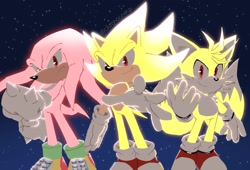 Size: 2048x1392 | Tagged: safe, artist:chronocrump, knuckles the echidna, miles "tails" prower, sonic the hedgehog, super knuckles, super sonic, super tails, 31 days sonic, abstract background, flying, frown, glowing, looking at viewer, nighttime, red eyes, smile, star (sky), super form, team sonic, trio