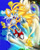 Size: 796x993 | Tagged: safe, artist:lithe-fider, flicky, miles "tails" prower, 2005, abstract background, angel island, flying, group, hyper form, hyper tails, looking up, male, mouth open, smile, sonic the hedgehog 3, sparkles, star (symbol), thumbs up