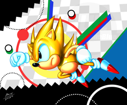 Size: 4400x3650 | Tagged: safe, artist:bluefoxgui, sonic the hedgehog, super sonic, abstract background, classic sonic, classic style, clenched fists, frown, looking offscreen, signature, solo, super form