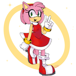 Size: 1181x1181 | Tagged: safe, artist:foamy, amy rose, abstract background, amybetes, blushing, cute, eye clipping through hair, looking at viewer, ring, signature, smile, solo, sparkles, v sign, walking