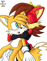 Size: 1024x1314 | Tagged: safe, artist:darkhedgehog23, artist:miles-prowerx, fiona fox, miles "tails" prower, age difference, color edit, duo, simple background, snuggling, standing, straight, taiona, white background