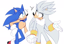 Size: 1692x1154 | Tagged: safe, artist:foxieskullzartz, silver the hedgehog, sonic the hedgehog, hedgehog, 2021, blushing, duo, gay, green eyes, holding hands, male, males only, shipping, simple background, sonilver, standing, white background, white gloves, yellow eyes